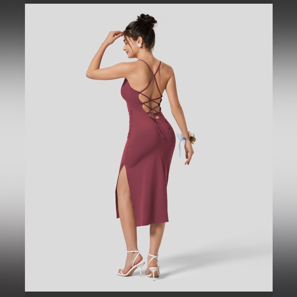 Softlyzero Airy Crossover Ruched Backless Lace Up Split Bodycon Cool Touch Dress - Picture 3 of 4